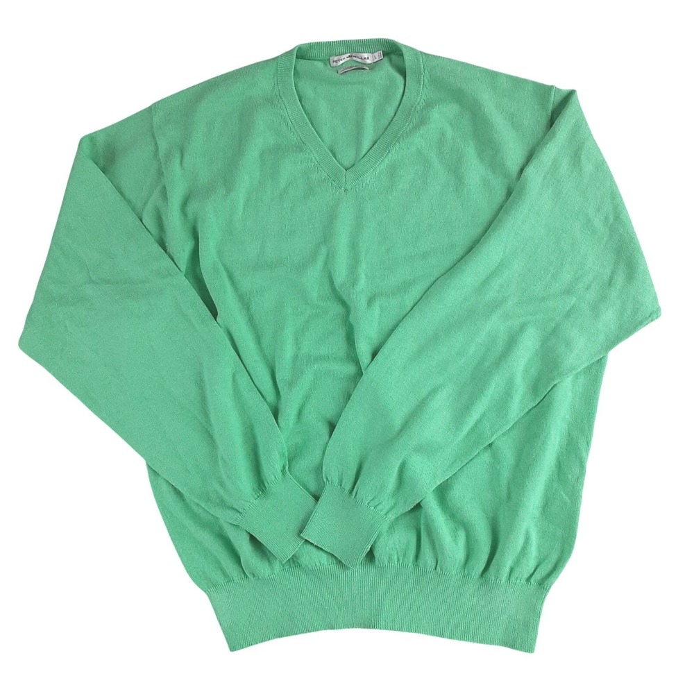 Peter Millar Mens V-Neck Sweater Green Cotton Cashmere Luxury Blend Large